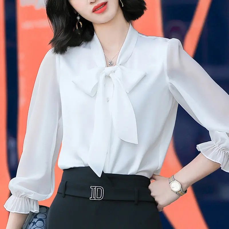 

Blouse female 2022 spring black shirt female new design bow chiffon shirt octave fashion summer long sleeve blouse tops