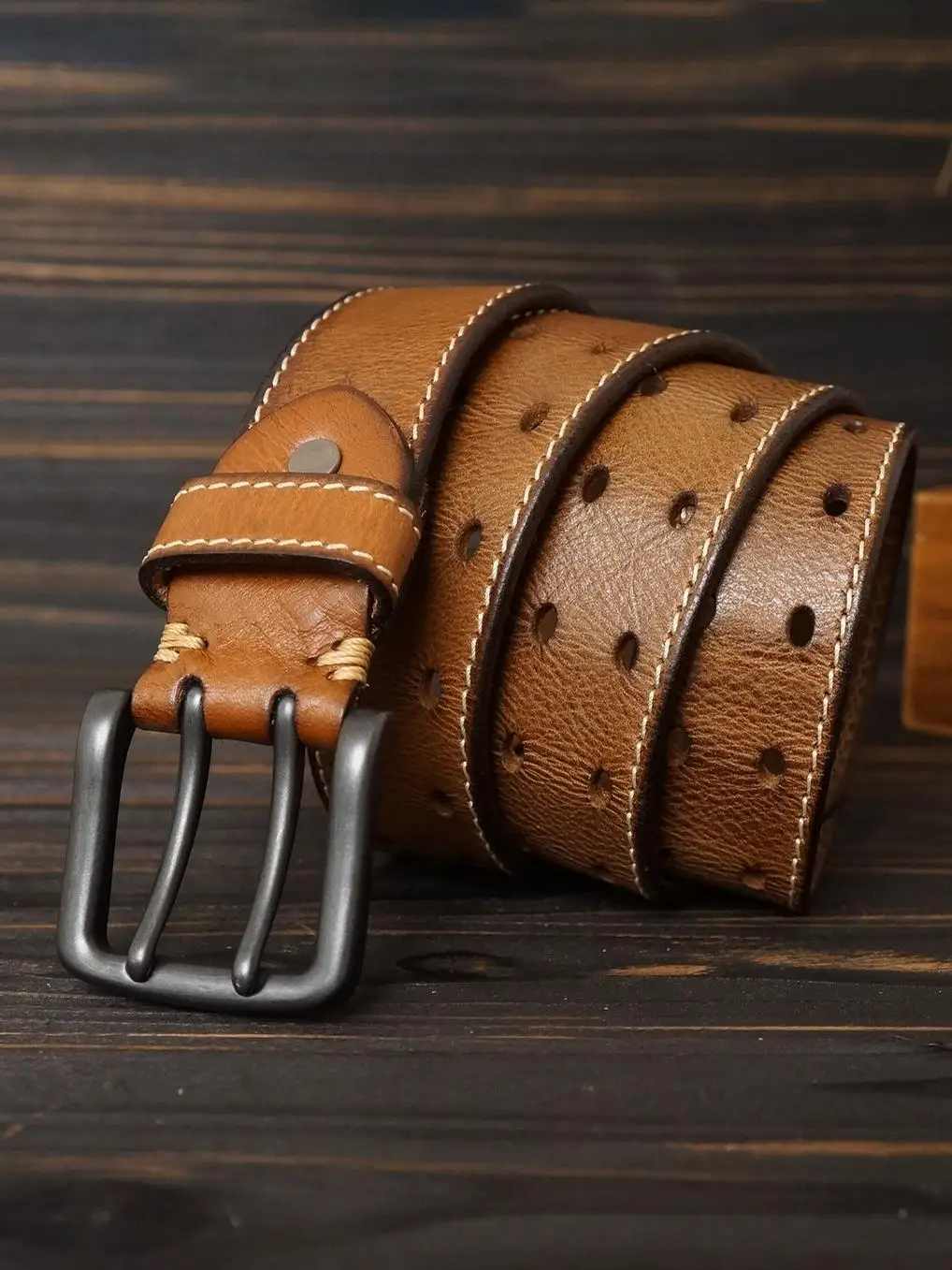 Американский ремень с двойной пряжкой мужской кожаный в стиле ретро полой
