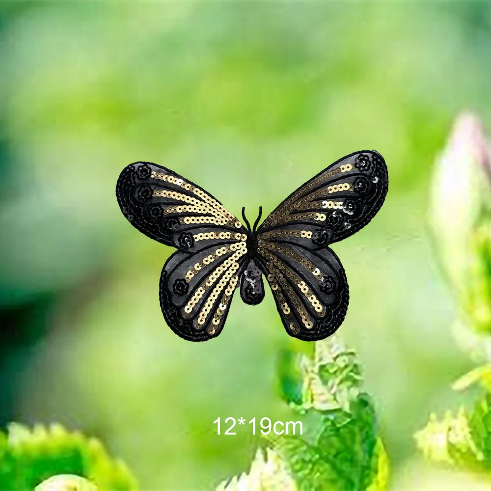 1 Шт. 12x19 См Черная Органза Золотая Блестящая Нашивка-бабочка Блестящий Клей Для