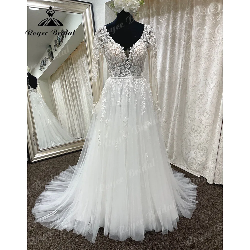 

Vintage Civil Lace Appliques Long Sleeve Wedding Dress V Neck Backless 2023 Women Bridal Gown sukienka na wesele Roycebridal