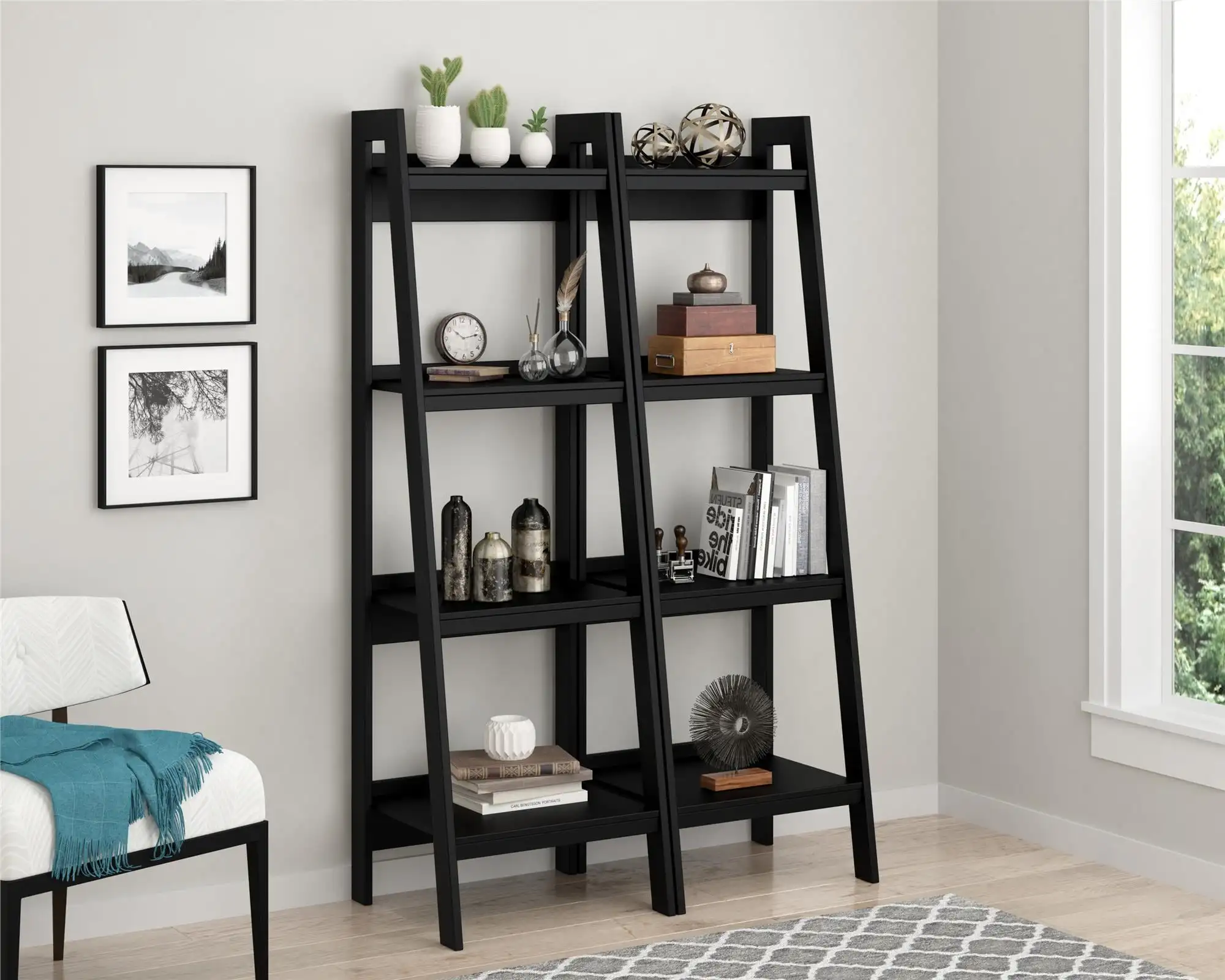 

Indoor 4 Shelf Ladder Bookcase Bundle Book Shelves, Black