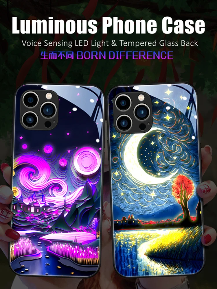 

Van Gogh Colorful LED Light Glowing Luminous Tempered Glass Back Phone Case for iPhone 11 12 13 14 X Xs Xr Mini Pro Max Plus