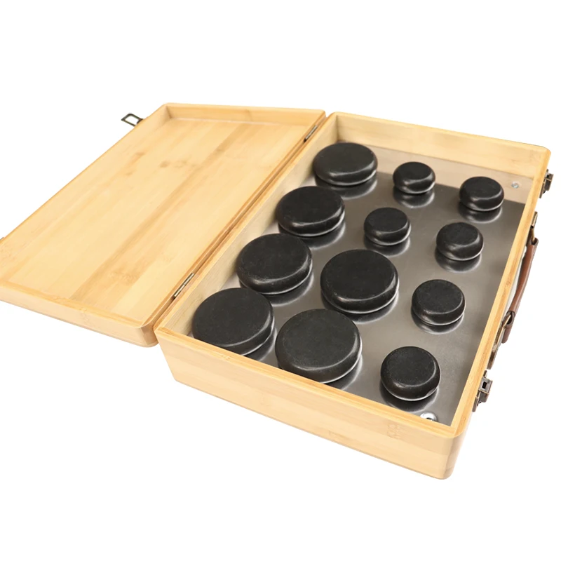 

Spa Hot massage stone of 12pcs massage stone with bamboo box heater Hot selling black basalt hand made black polished Massage