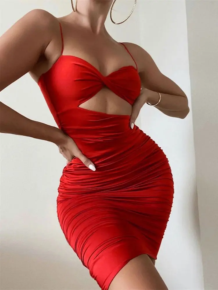 

Sexy Hollow Red Strap Dresses For Women Sleeveless Backless Solid Slim Party Dress Summer Bodycon Package Hip Mini Sundress 2022
