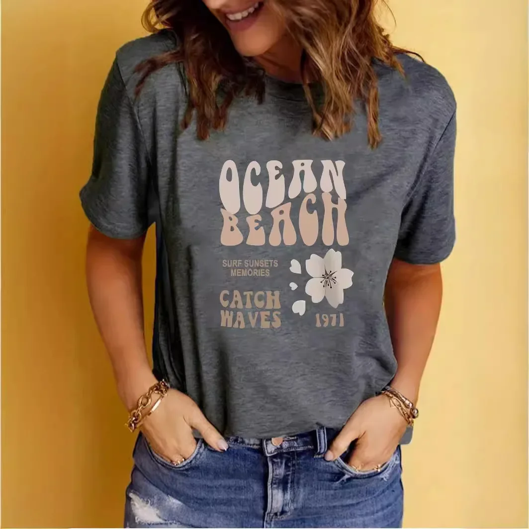 Летняя модная женская футболка с принтом круглым вырезом и короткими рукавами