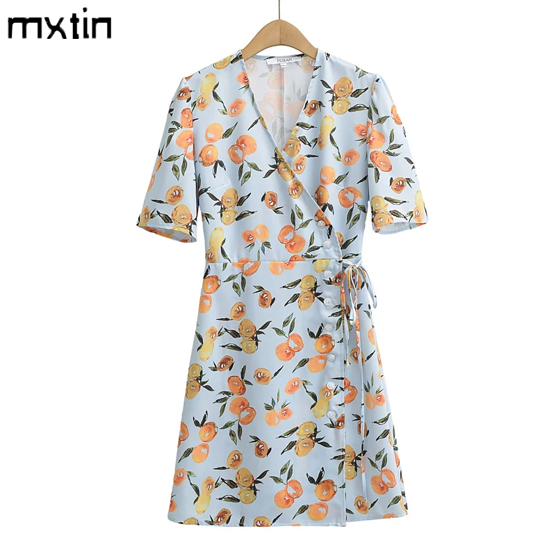 

2022 Women Summer Vintage Print Bow Tied Mini Dress Fashion V-Neck Short Sleeve Button Female Party Casual Chic Dresses Vestidos