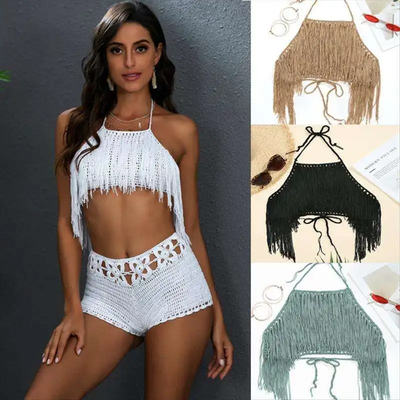 

Vacation Beach Hand Crochet Knitting Bikini Tassel Tied Top Sexy Bandeau Swimsuit For Women