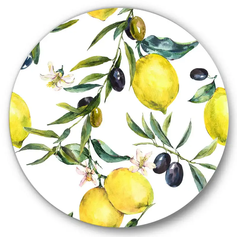 

'Olive and Lemon Branches II' Tropical Circle Metal Wall Art 36x36 - Disc of 36