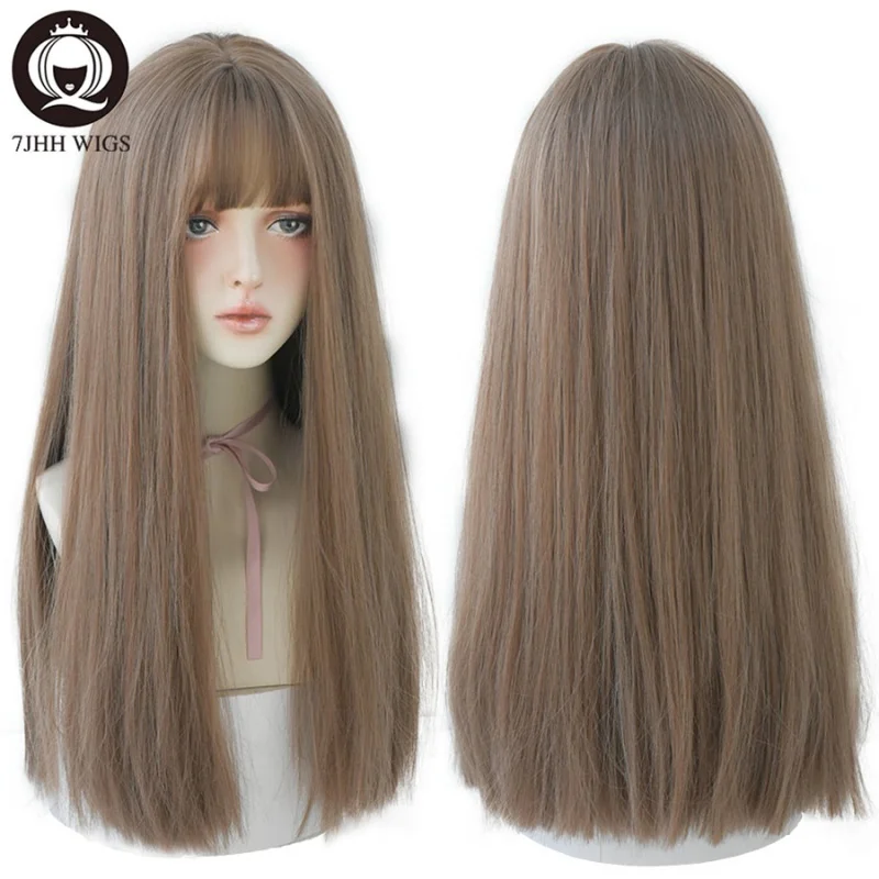 

7JHHWIGS Long Straight Synthetic Light Brown Wigs With Bang For Women Heat-Resistant Daily Use Hair Hot Sell Wholesale Wigs
