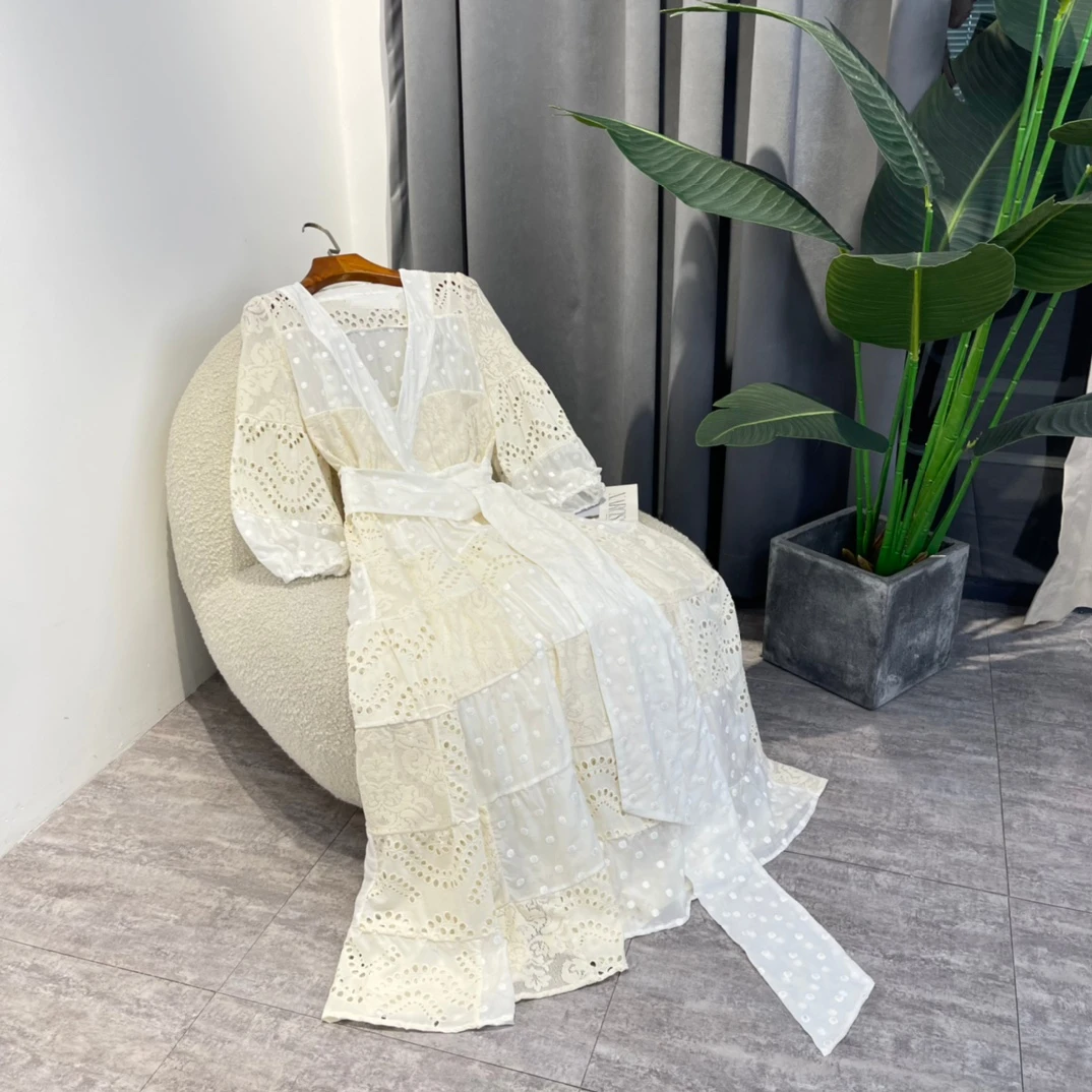 

New Autumn 2022 High Quality Natural Cotton Beige White Hook Flower Hollow Polka Dots Self Tie Wrap Elegant Midi Dresses Woman