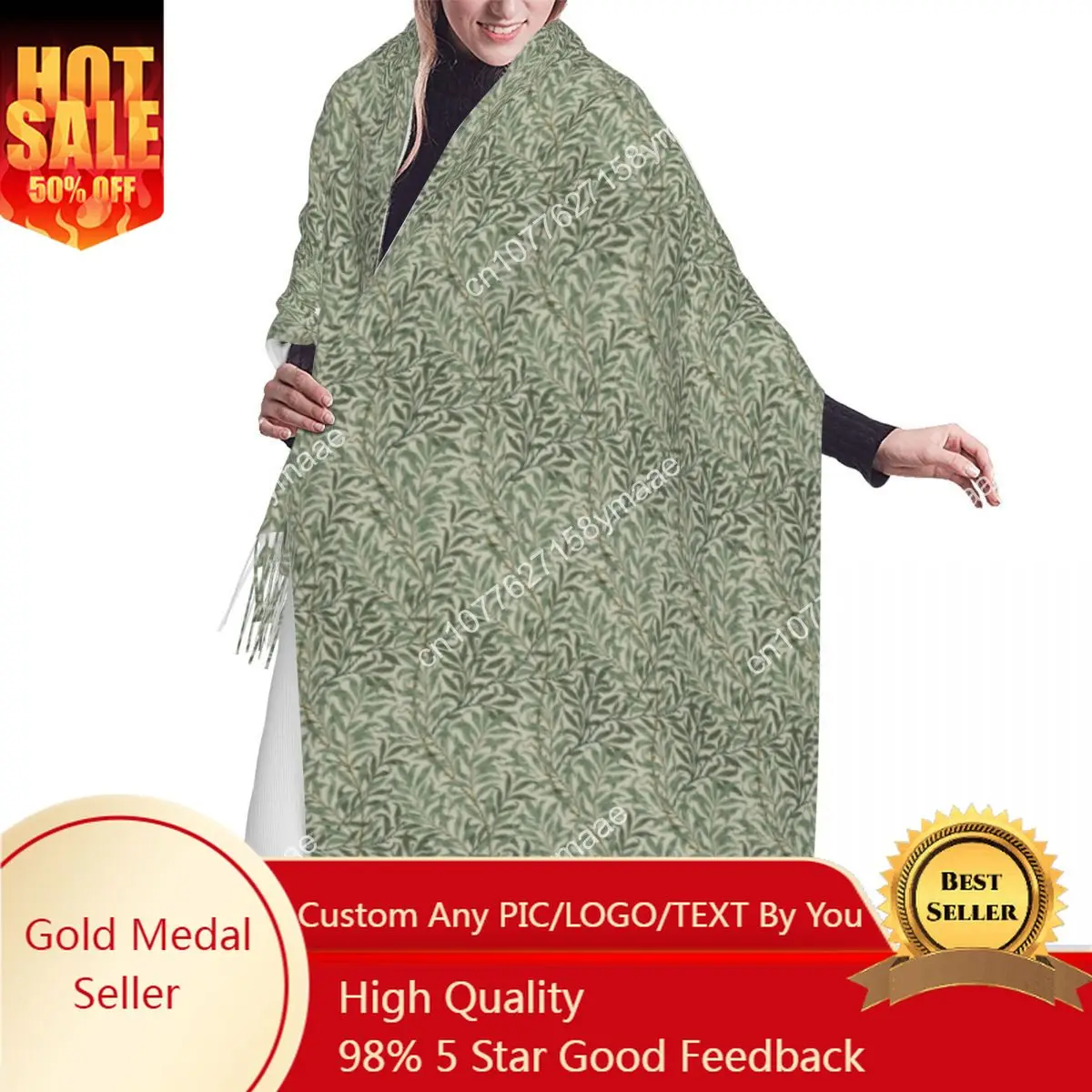 

Ladies William Morris Willow Boughs Pattern Cream Green Scarves Women Winter Fall Thick Warm Tassel Shawl Wrap Versatile Scarf