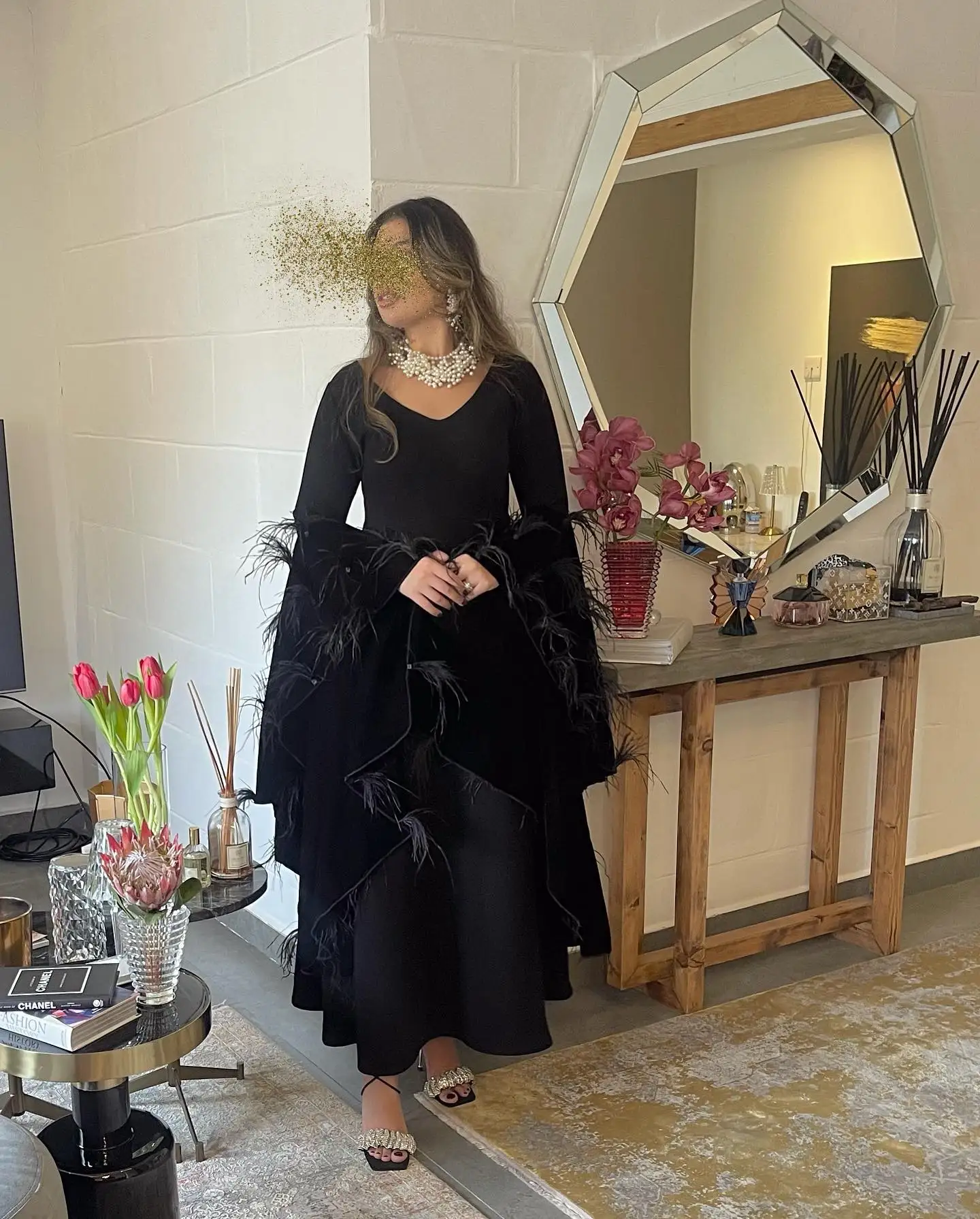 

MOLISA Feathers V Neck Full Sleeve Long Sweep Train Evening Dress For Woman Floor Length Formal Elegant Prom Gown New 2023