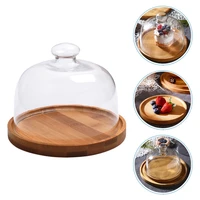 glass cake dome cake cover lid with wood dessert plate plate lid clear cover tent for home cake dessert display platter cover