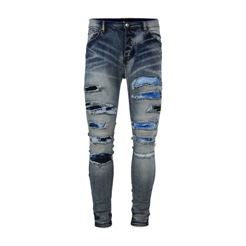 

New 2022AM Fashion Blue Holes Pleated Patched Leather Men's Jeans High Street Jeans For Men Personality Slim Ripped Denim Pants