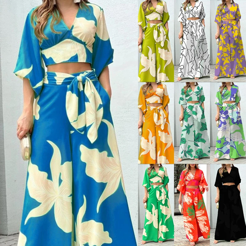 

Women Print Pleated Wide Leg Pants 2 Piece Sets Solid V-neck Long Sleeves Crop Tops Suits Summer Female Floral Vacation Outfits