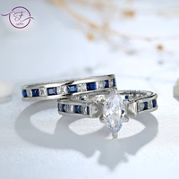 couple two silver ring set fine jewelry blue white zircon rings stylish luxury for women party wedding engagement rings gift