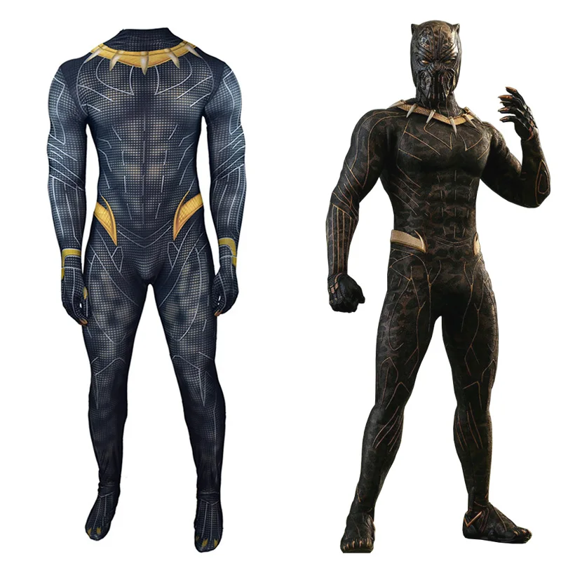 

Marvel Black Panther Cosplay Costume Mask Supervillain Erik Killmonger Gold Panther Bodysuit Jumpsuit Halloween for Adult Kids
