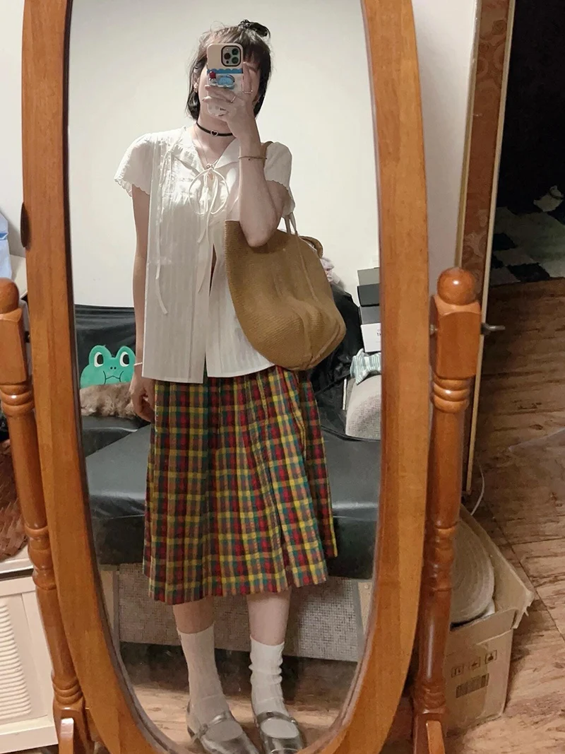 Lace-up Short sleeve Shirts Women Summer Popular Design Temperament French sle Organ Pleated Outdoor Wide T-shirt Top