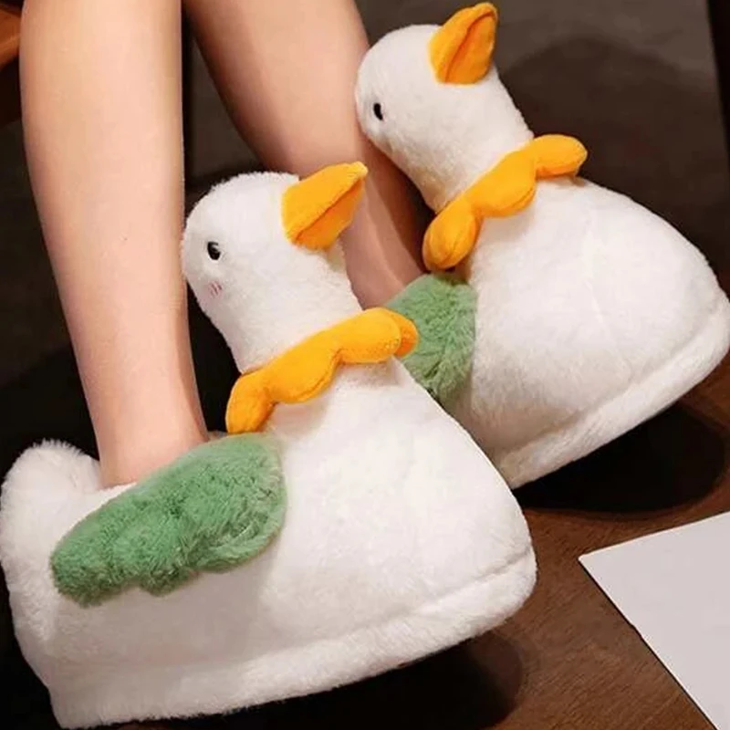 New Home Slippers Cute Duck Modeling Design 2023 White Warm Adult  Lady Plush Head Silent Indoor Floor Women Fun Slippers