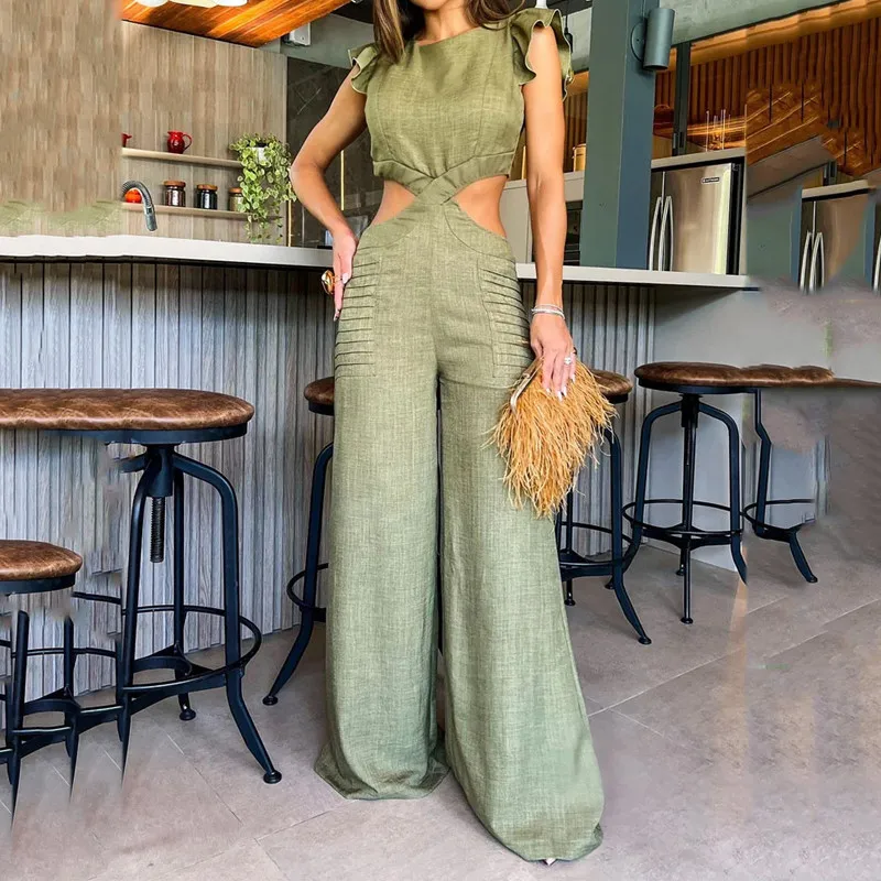 

Summer Women Elegant Loose Jumpsuit Overalls Fashion Sleeveless O Neck High Waist Corset Hollow Out Wide Leg Pants Onepieces