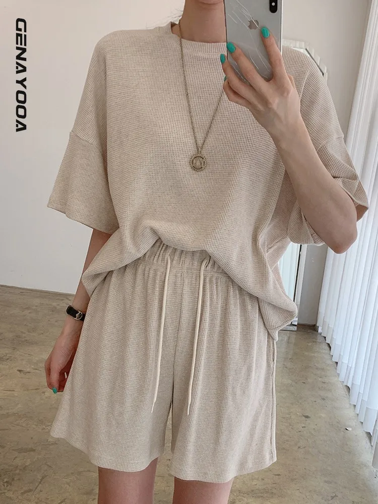 

Genayooa Casual 2 Piece Sets Womens Tracksuit Solid Summer Two Piece Top And Short Sleeve Tops Ladies Korean Fashion Chic 2022