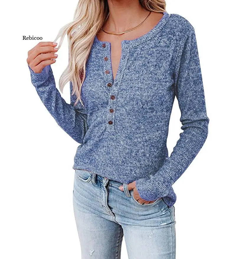 

New Solid Color Round Neck Button Long-sleeve T-shirt Casual Top Women Clothing European 2022 Spring Autumn Slim T Shirts Lady