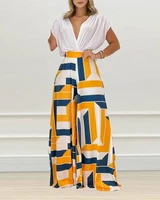 2022 summer new ladies 2 piece set casual womens wear deep v neck top and wide leg pants set