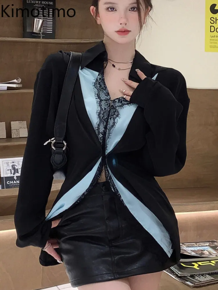 

Kimotimo кружевные Прошитые цветные атласные рубашки, женские весенние пикантные свободные топы с талией, корейская мода, повседневная блузка ...