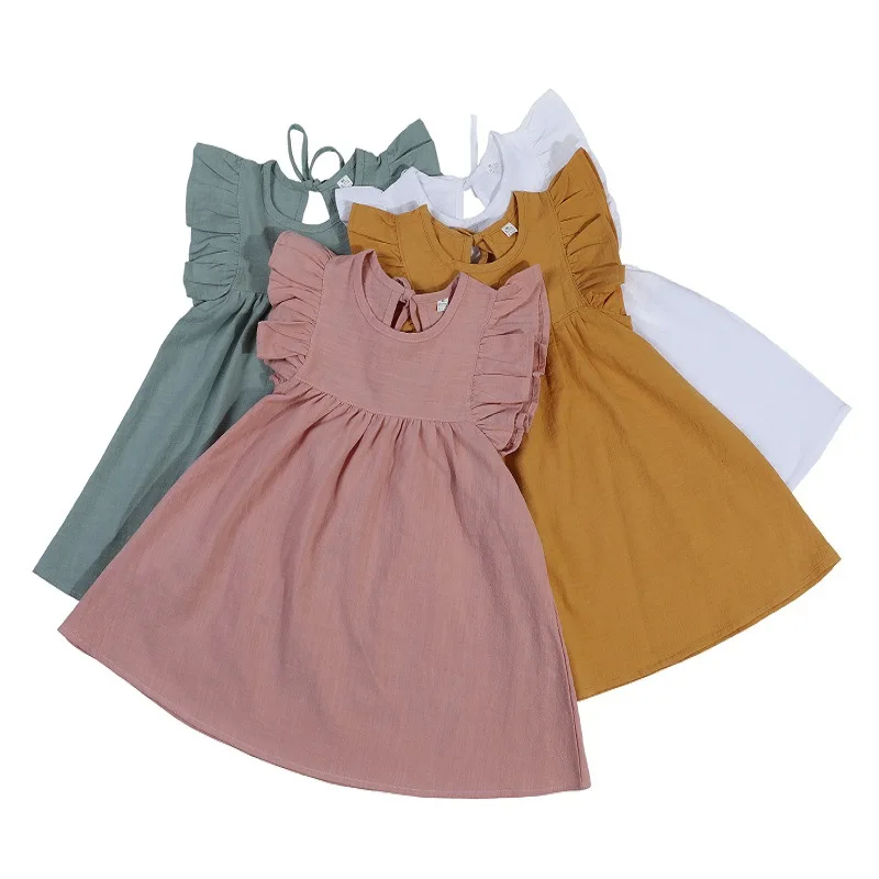 New solid color flying sleeve dress girls back tie dress princess dress children's clothing