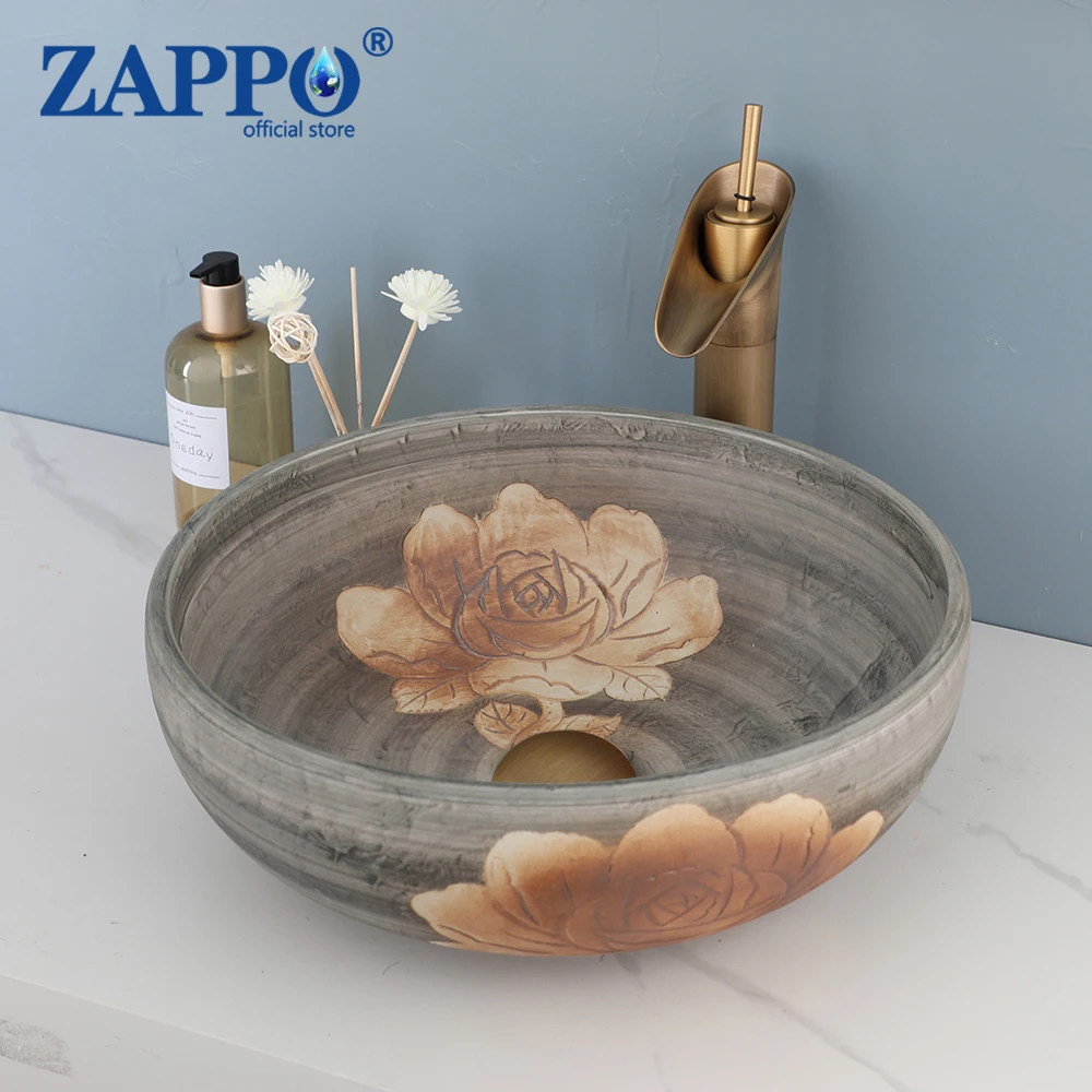 

ZAPPO Bathroom Round Ceramic Basin Sink Faucets Sets Bathroom Sinks W/ Antique Brass Tap Combo Bathroom Washbasin Bath Mixer Set