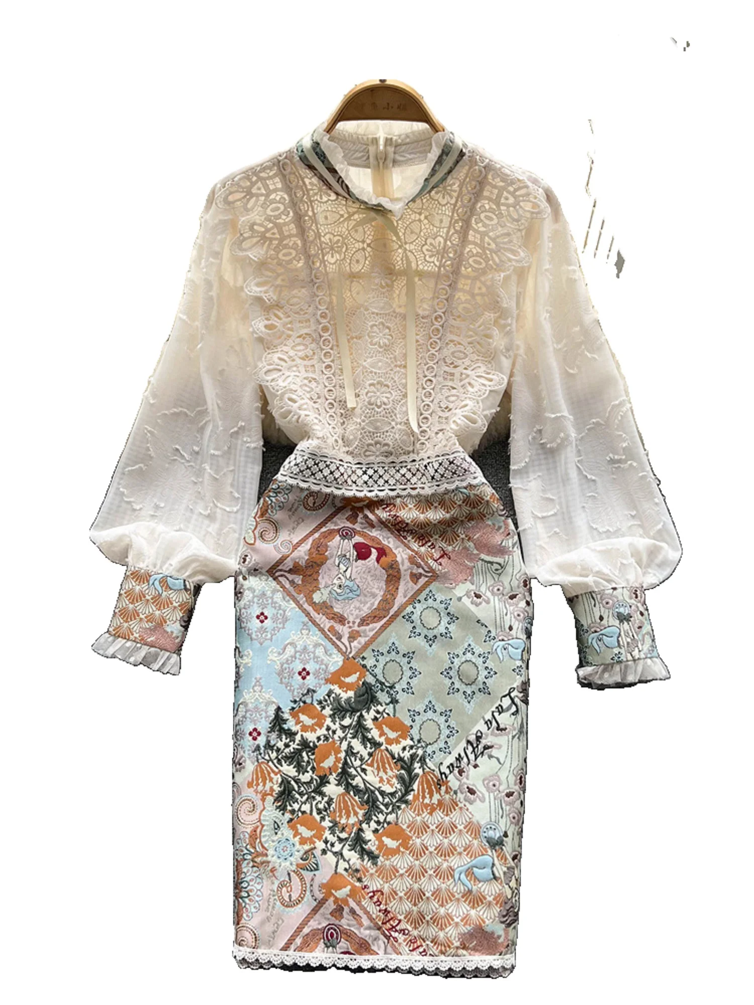 

LIRUICHENG 2023 Women's Splice Lace Embroidery Summer Temperament Elegant Zipper Long Sleeves Ladies A Line Slim Dress