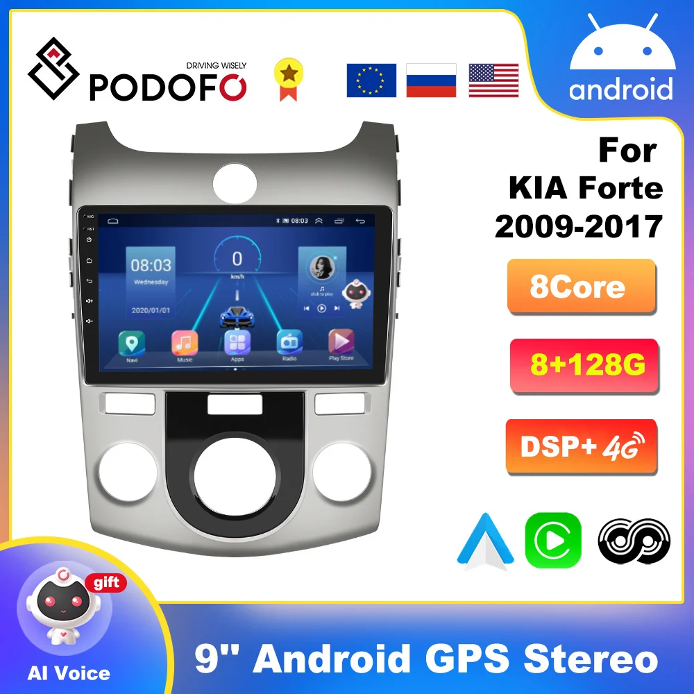 

Podofo 9" 4G WIFI 2din Android Car Radio For KIA Forte 2009-2017 Carplay Navigation GPS Support AI Voice HiFi Music Player
