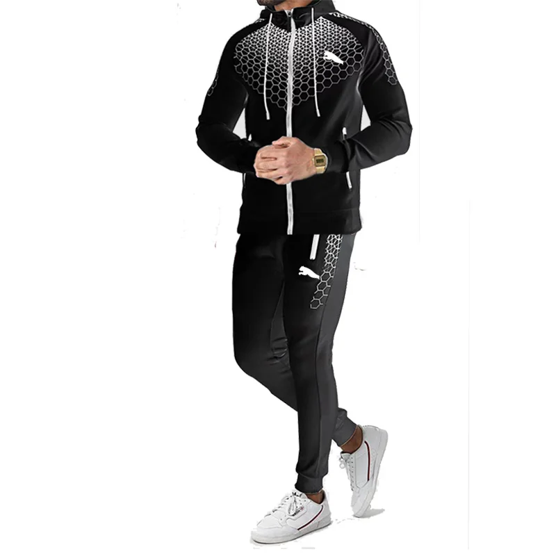 Autumn and winter casual men's sports sweater set, cotton blended zippered shirt, fashionable classic pullover long sleeved pant