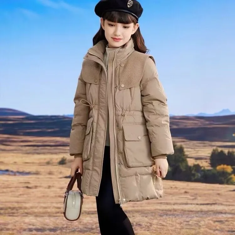 Детское пальто цвета хаки для девочек новая коллекция зима 2024 модная простая