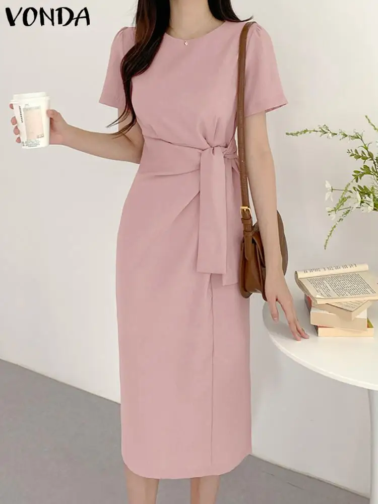 

Fashion Women Summer Shirt Dress 2023 VONDA Waist Pleated Bandage Elegant Sundress Short Sleeve Casual Solid Color Midi Robe