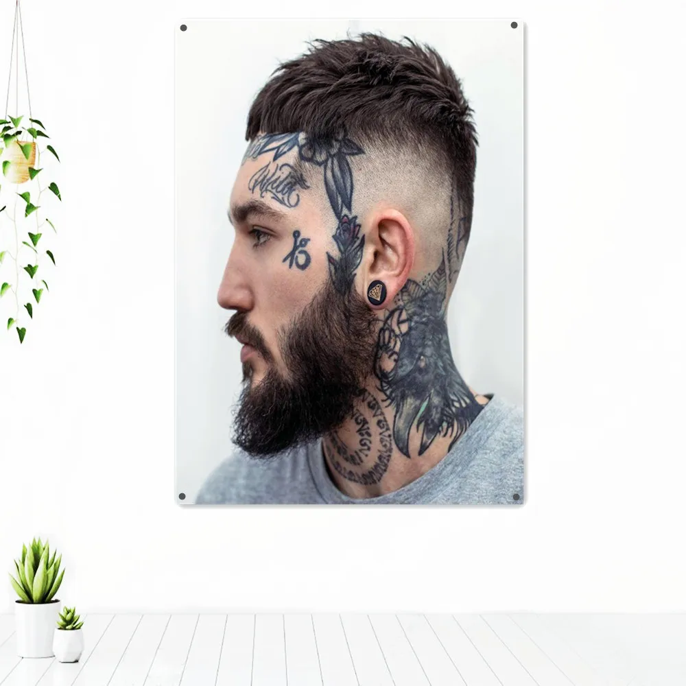 

Men's Side Beard Hairstyle Banner Tapestry Head Neck Tattoo Art Poster Wall Hanging Flag Barber Shop Decor Painting Wall Chart