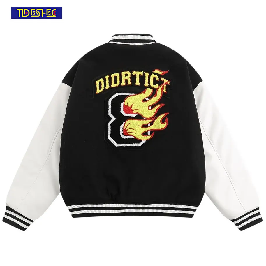

Autumn and Winter Street Vintage Letter Flame Embroidery Baseball Uniform Jacket Women Fashion Thicken and Keep Warm Jacket Men