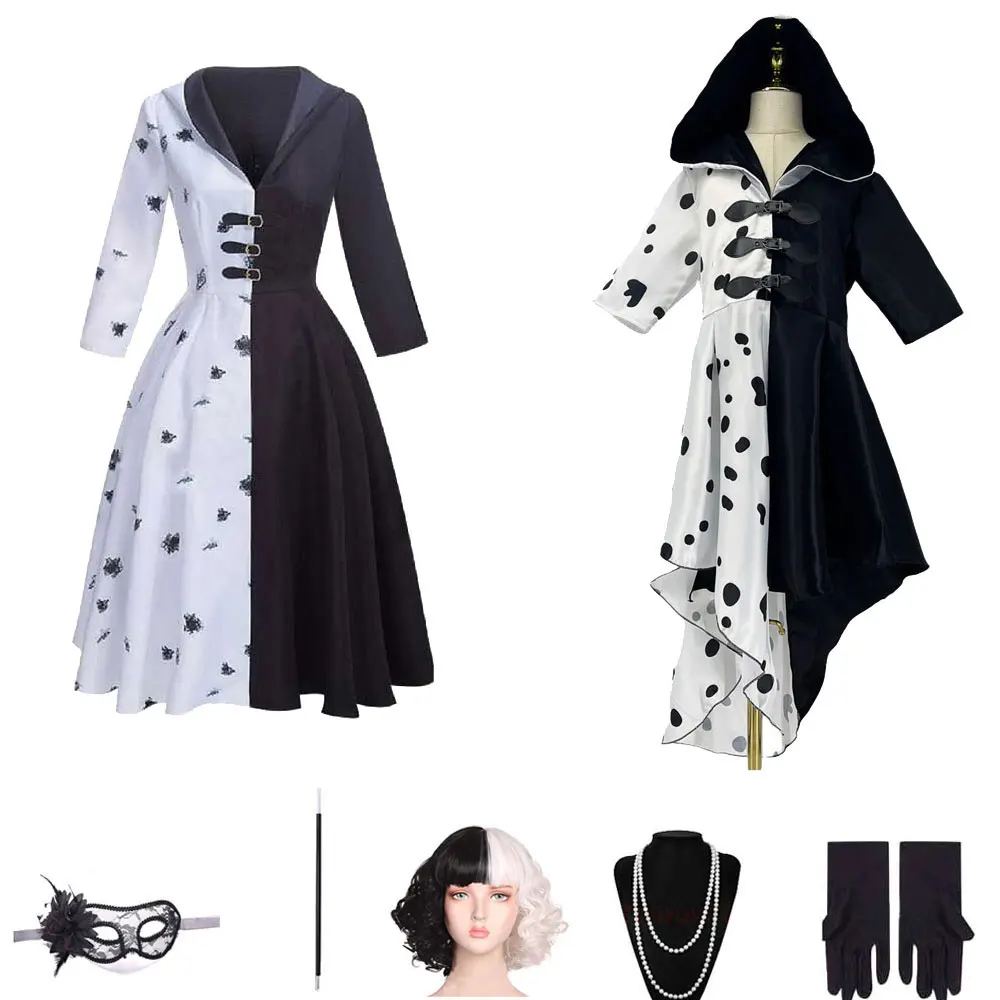 

Adults Black White Witch Deville Cosplay Costume Dress For Women With Glove Halloween Dalmatian Suit