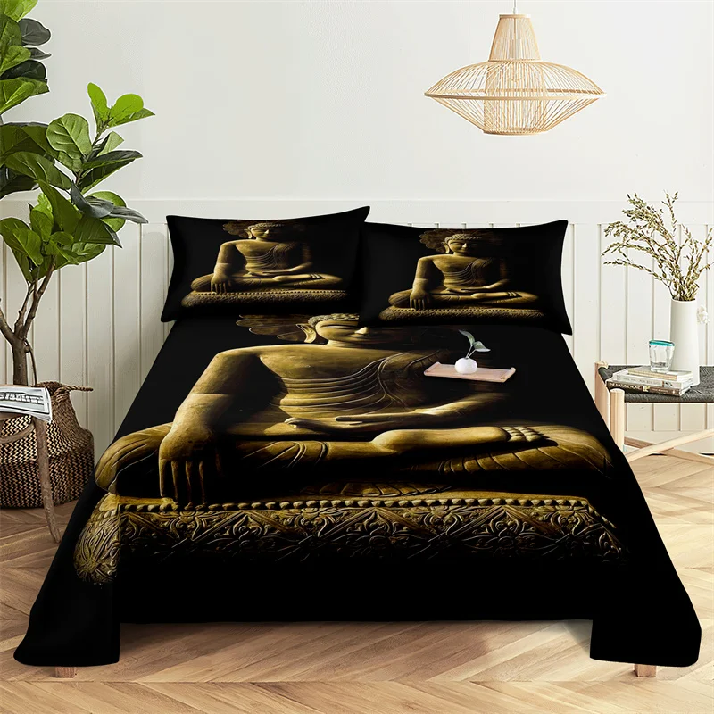 

Buddha Statue 0.9/1.2/1.5/1.8/2.0m Bedding Digital Printing Polyester Bed Flat Sheet with Pillowcase Print Bedding Set