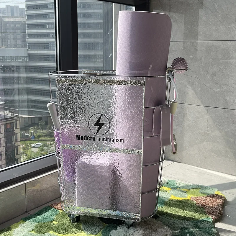 

Sale Transparent acrylic movable yoga mat storage basket for sports and fitness equipment storage, home basketball storage rack