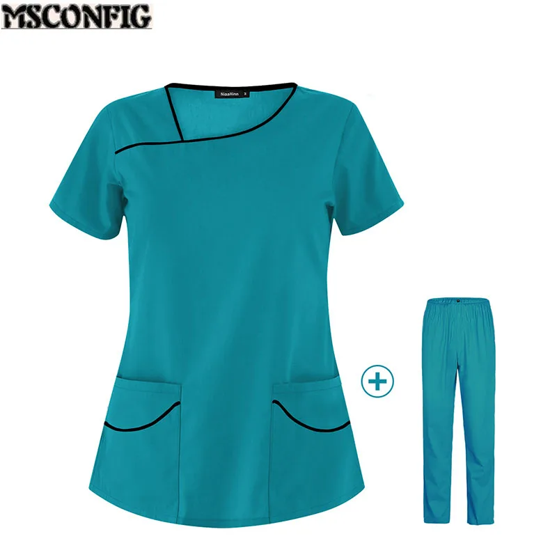 

Nursing Scrubs Women Uniforms Pet Grooming Scrub Set Short Sleeve V-neck Top and Pants Doctor Suits Medical Surgery Work Clothes