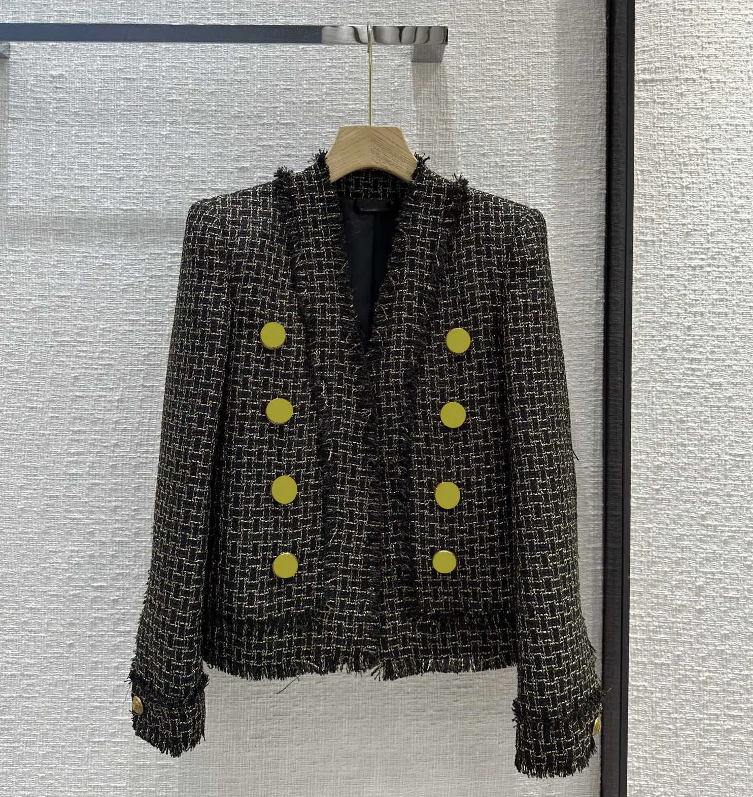 

Celebrity designer 2023 autumn winter women golden buttons Lurex plaid tassel tweed coats v-neck weave coat