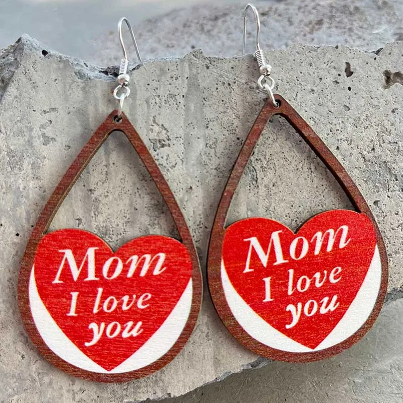 

Mother's Day Heart Moon Teardrop Wood Earrings for Women Mom I Love You Letter Wooden Drop Dangle Earring Statement Jewelry Gift