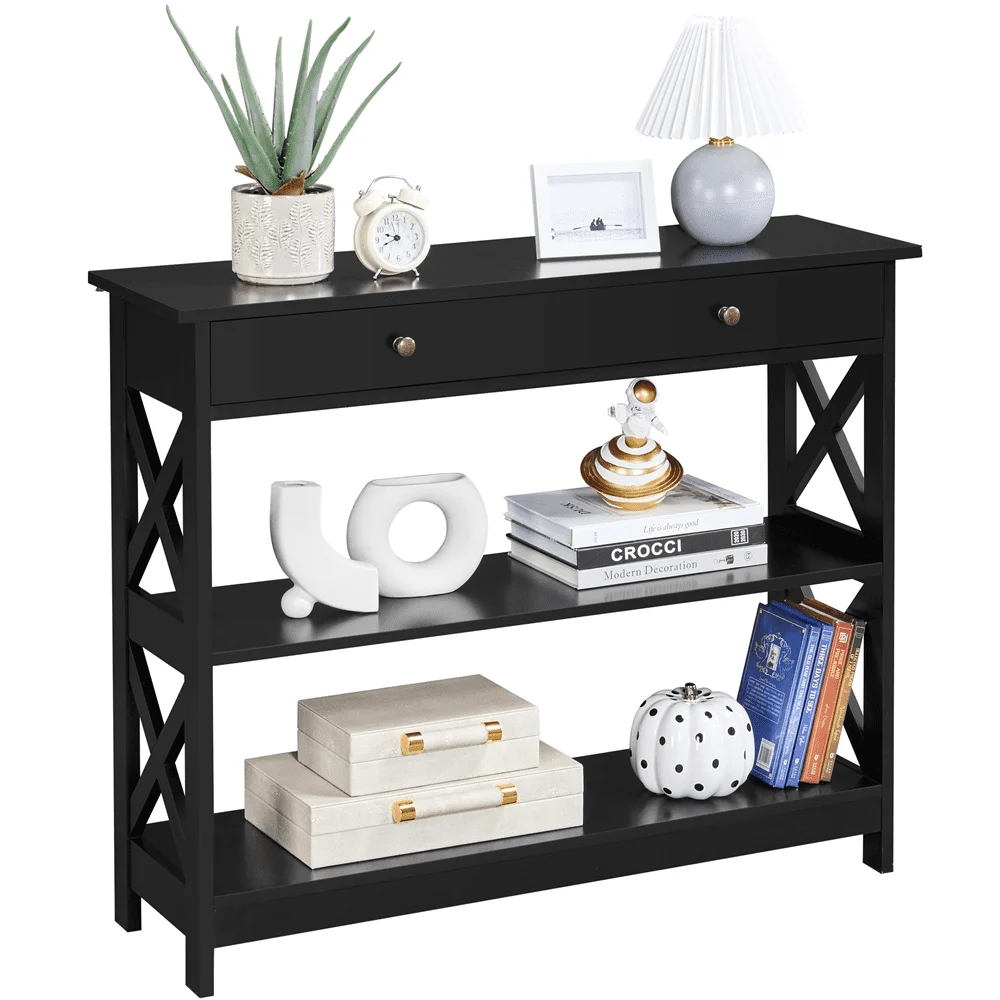 

3-Tier X-Design Wood Console Table with Storage Drawer, Black
