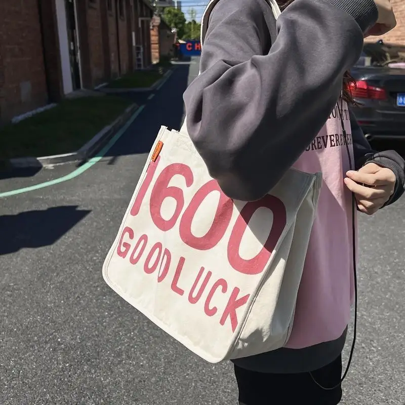 

Canvas Bag Women Bookbag Office Lady Casual Fashion "GOOD LUCK" Zipper SOFT High-Capacity Shoulder Bag Handbag Shopping Bag