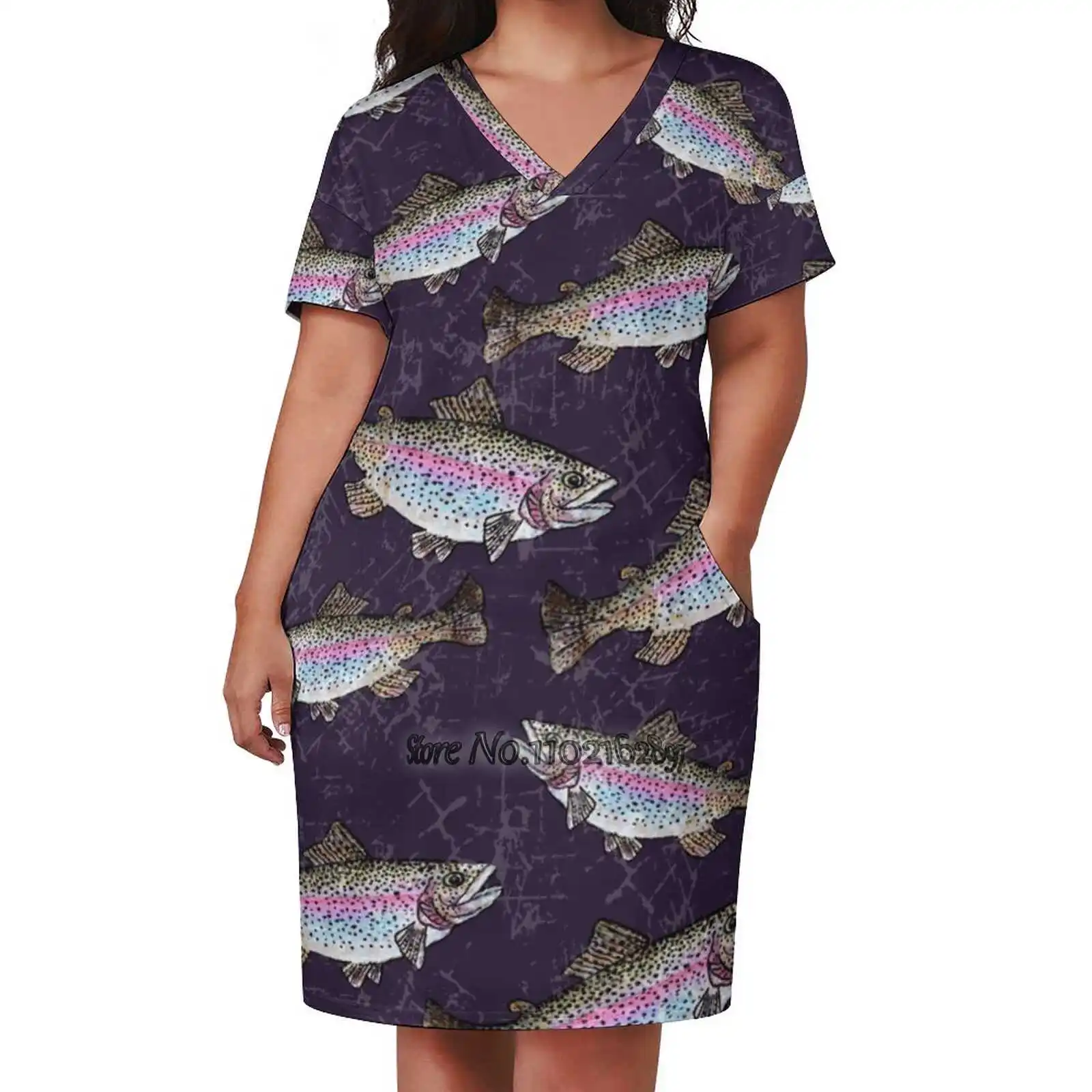 

Юбка с V-образным вырезом и коротким рукавом, корейский стиль, Радужная форель, рыба, кавайная вечерняя одежда, темно-фиолетовая