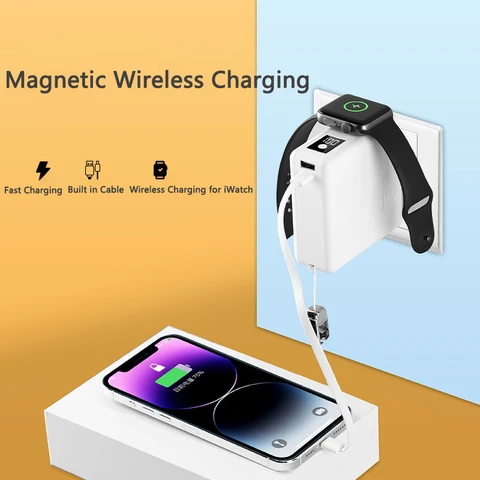Power Bank Magsafe 15000 мАч с разъемом переменного тока, настенное зарядное устройство, магнитное беспроводное быстрое зарядное устройство PD45W для iPhone 16, внешний аккумулятор для ноутбука iWatch