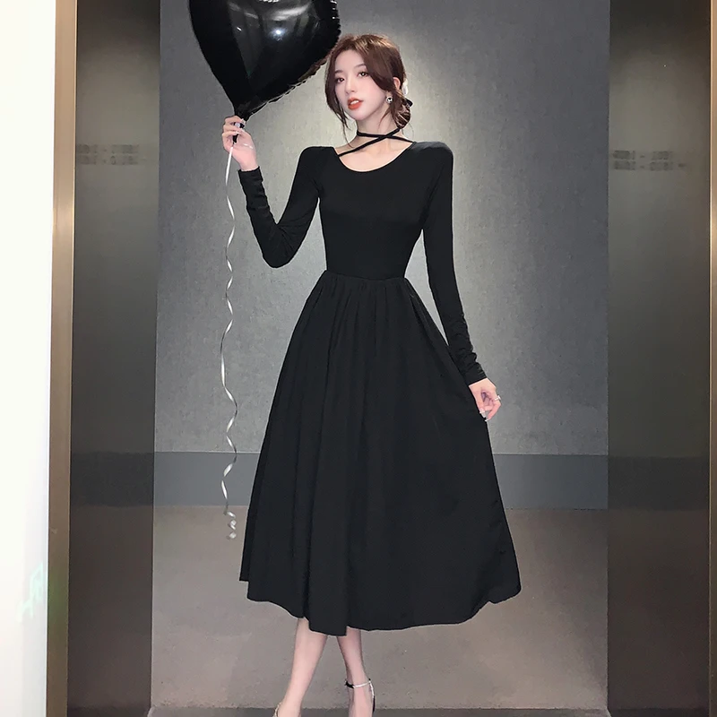 

Elegant Vintage Prom Dress Black Long Midi Dress for Women's Slim Prom Party Dress 2022 Autumn Winter Dress Maxi Dress