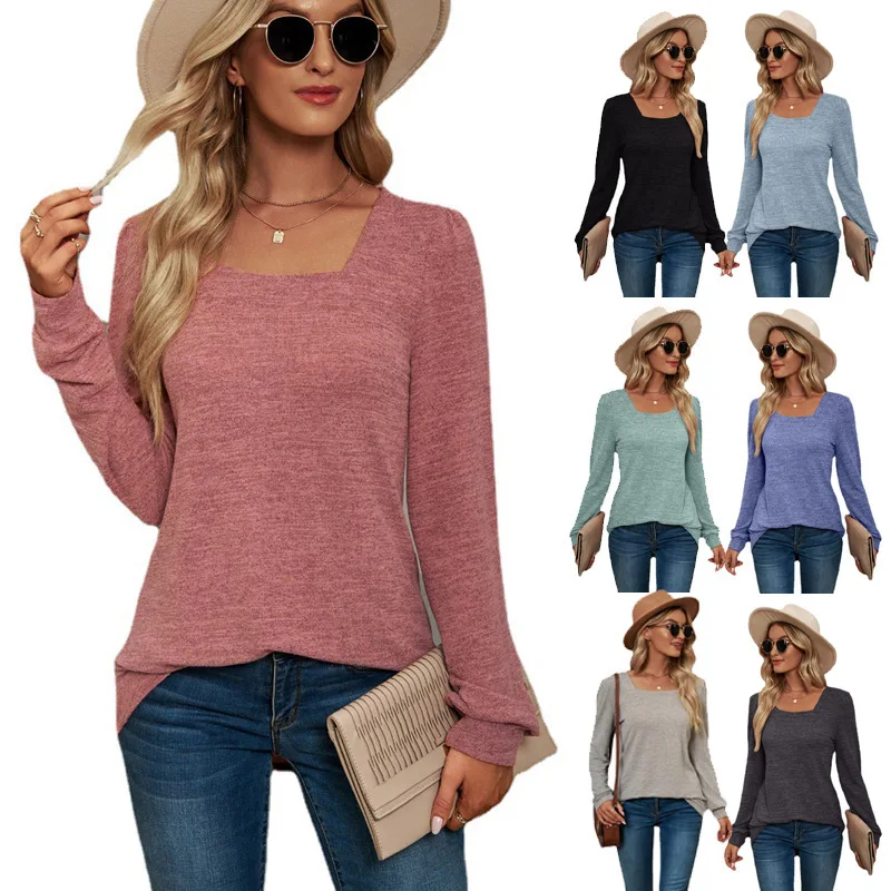 Fall 2022 New Solid T-Shirt U-Neck Shrugged Sleeve Casual Loose Top