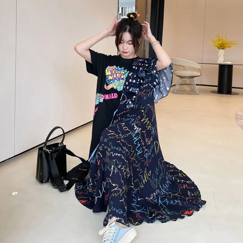 

2022 women Summer dress Korean style Women Dress Vestidos Robe Elbise big Size Cotton Chiffon Printing Patchwork Long Dresses